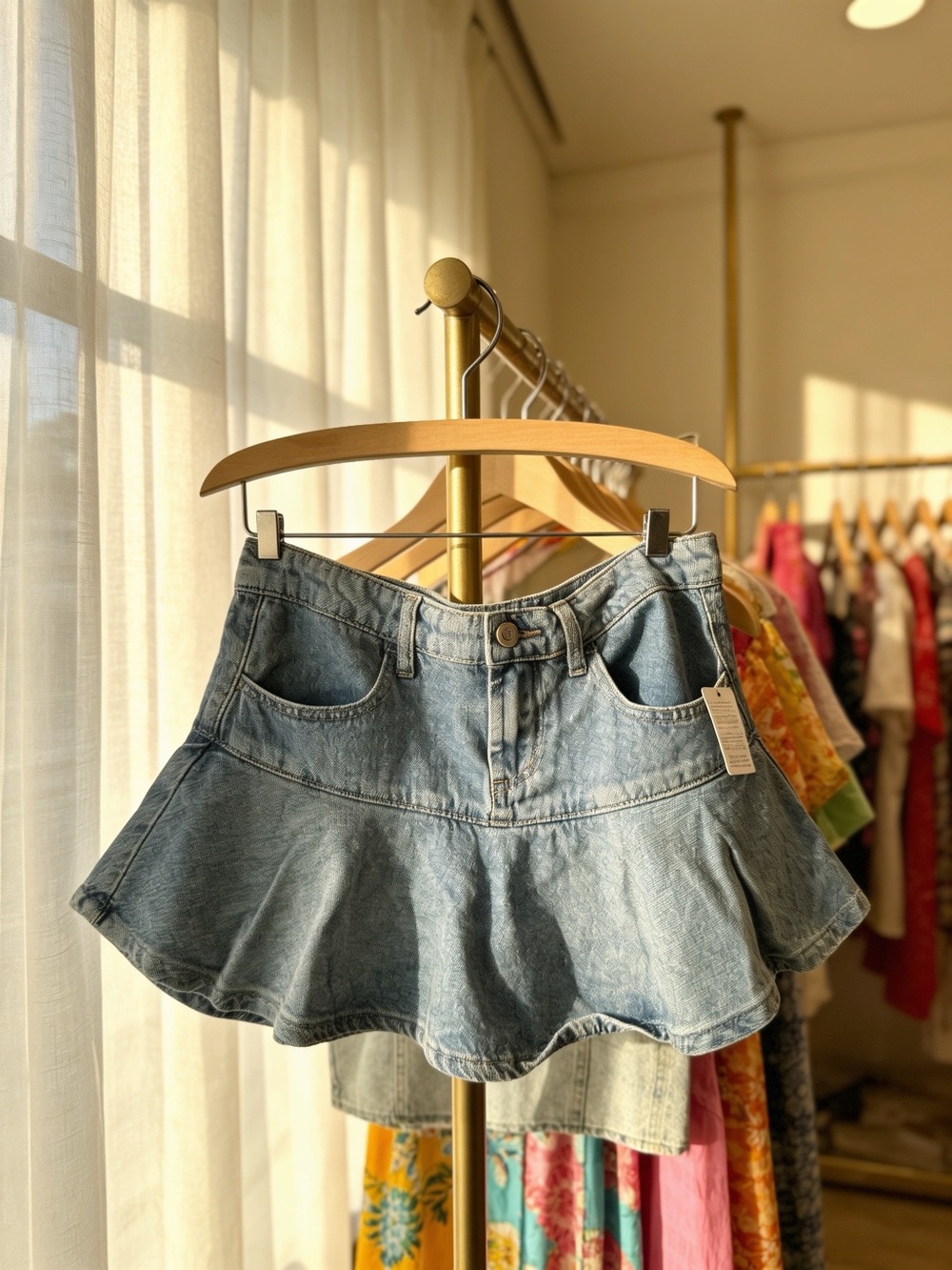 Altar'd State Light Blue Denim Ruffle Mini Skirt